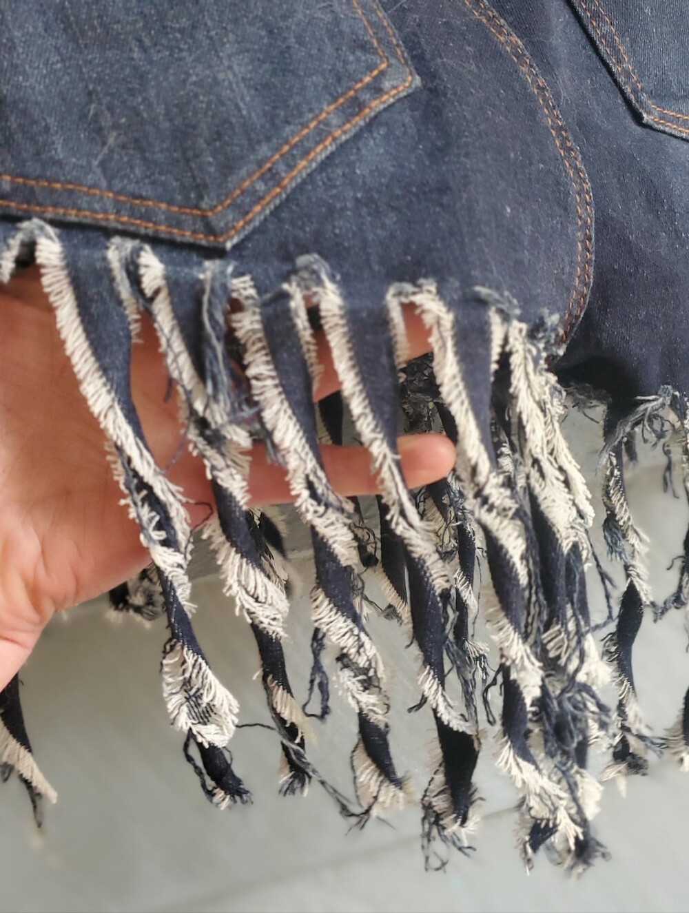 Fringed Dark Blue Denim Shorts - Picture 3 of 4